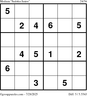 The grouppuzzles.com Medium Sudoku-Junior puzzle for Monday July 28, 2025