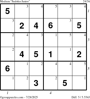The grouppuzzles.com Medium Sudoku-Junior puzzle for Monday July 28, 2025 with all 5 steps marked