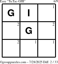 The grouppuzzles.com Easy TicTac-GHI puzzle for Monday July 28, 2025 with the first 2 steps marked