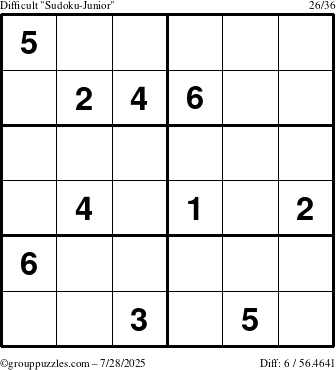 The grouppuzzles.com Difficult Sudoku-Junior puzzle for Monday July 28, 2025