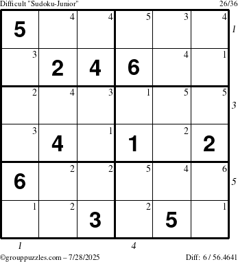 The grouppuzzles.com Difficult Sudoku-Junior puzzle for Monday July 28, 2025 with all 6 steps marked