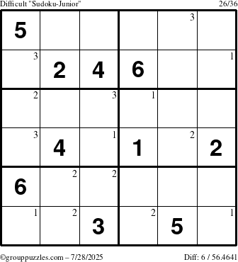 The grouppuzzles.com Difficult Sudoku-Junior puzzle for Monday July 28, 2025 with the first 3 steps marked