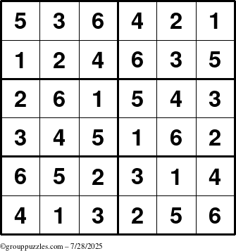 The grouppuzzles.com Answer grid for the Sudoku-Junior puzzle for Monday July 28, 2025