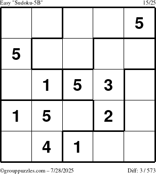 The grouppuzzles.com Easy Sudoku-5B puzzle for Monday July 28, 2025