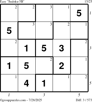 The grouppuzzles.com Easy Sudoku-5B puzzle for Monday July 28, 2025, suitable for printing, with all 3 steps marked