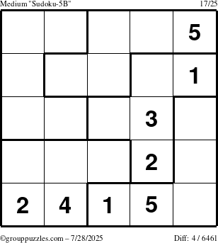 The grouppuzzles.com Medium Sudoku-5B puzzle for Monday July 28, 2025