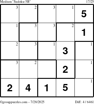The grouppuzzles.com Medium Sudoku-5B puzzle for Monday July 28, 2025 with the first 3 steps marked