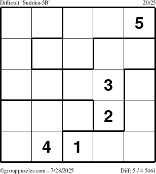 The grouppuzzles.com Difficult Sudoku-5B puzzle for Monday July 28, 2025