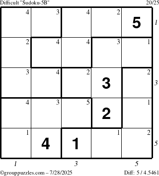 The grouppuzzles.com Difficult Sudoku-5B puzzle for Monday July 28, 2025 with all 5 steps marked