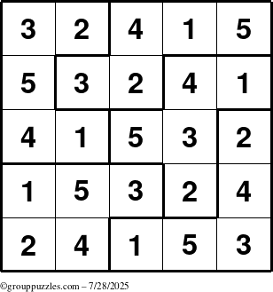 The grouppuzzles.com Answer grid for the Sudoku-5B puzzle for Monday July 28, 2025