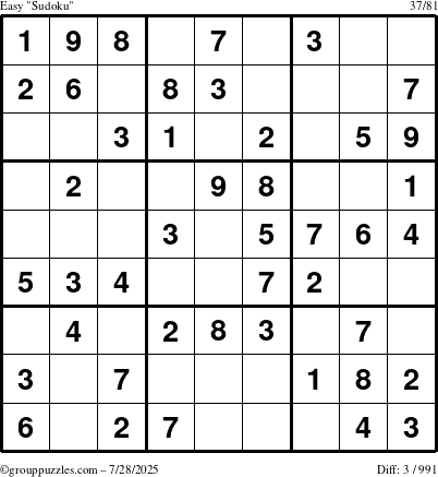 The grouppuzzles.com Easy Sudoku puzzle for Monday July 28, 2025