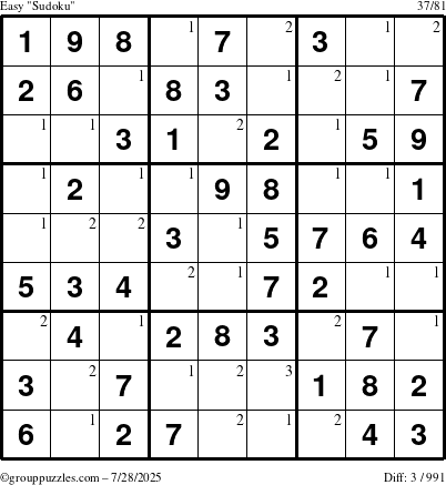 The grouppuzzles.com Easy Sudoku puzzle for Monday July 28, 2025 with the first 3 steps marked