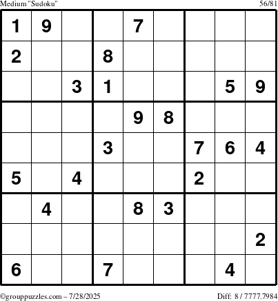 The grouppuzzles.com Medium Sudoku puzzle for Monday July 28, 2025