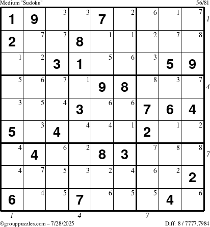 The grouppuzzles.com Medium Sudoku puzzle for Monday July 28, 2025, suitable for printing, with all 8 steps marked