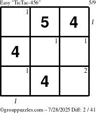 The grouppuzzles.com Easy TicTac-456 puzzle for Monday July 28, 2025 with all 2 steps marked