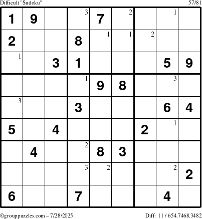 The grouppuzzles.com Difficult Sudoku puzzle for Monday July 28, 2025 with the first 3 steps marked