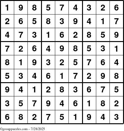 The grouppuzzles.com Answer grid for the Sudoku puzzle for Monday July 28, 2025