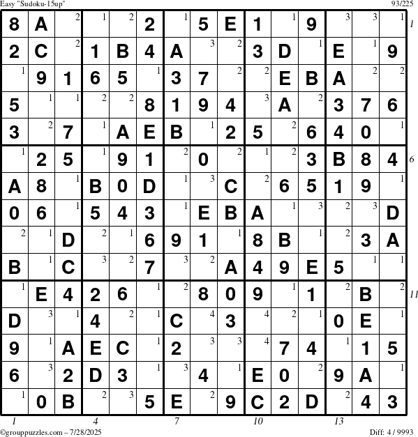 The grouppuzzles.com Easy Sudoku-15up puzzle for Monday July 28, 2025 with all 4 steps marked