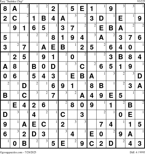 The grouppuzzles.com Easy Sudoku-15up puzzle for Monday July 28, 2025 with the first 3 steps marked