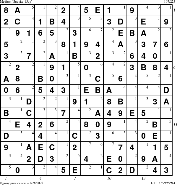 The grouppuzzles.com Medium Sudoku-15up puzzle for Monday July 28, 2025 with all 7 steps marked