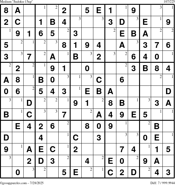 The grouppuzzles.com Medium Sudoku-15up puzzle for Monday July 28, 2025 with the first 3 steps marked
