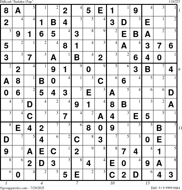 The grouppuzzles.com Difficult Sudoku-15up puzzle for Monday July 28, 2025 with all 9 steps marked