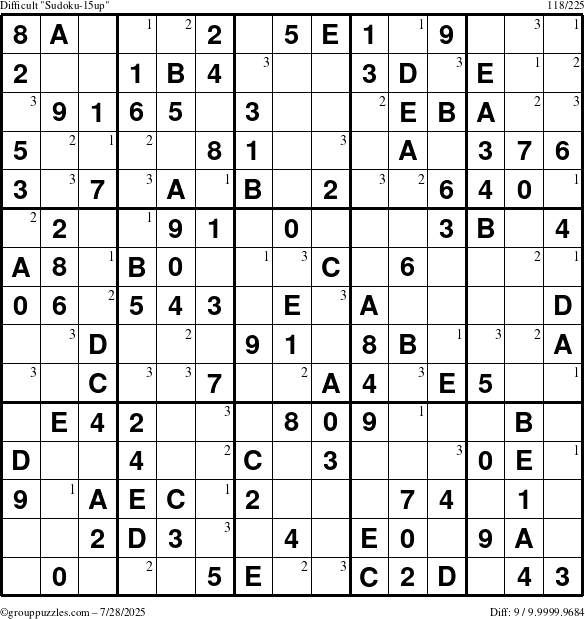 The grouppuzzles.com Difficult Sudoku-15up puzzle for Monday July 28, 2025 with the first 3 steps marked