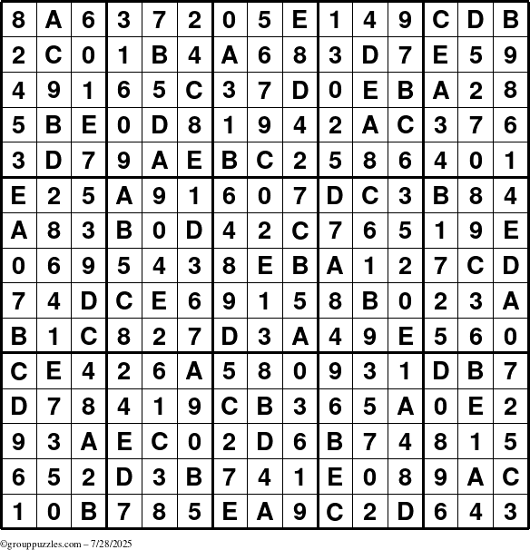 The grouppuzzles.com Answer grid for the Sudoku-15up puzzle for Monday July 28, 2025