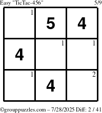 The grouppuzzles.com Easy TicTac-456 puzzle for Monday July 28, 2025 with the first 2 steps marked