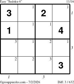 The grouppuzzles.com Easy Sudoku-4 puzzle for Thursday July 2, 2026, suitable for printing, with all 3 steps marked