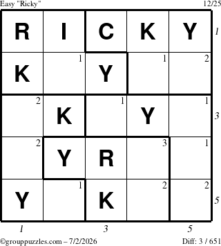 The grouppuzzles.com Easy Ricky puzzle for Thursday July 2, 2026, suitable for printing, with all 3 steps marked