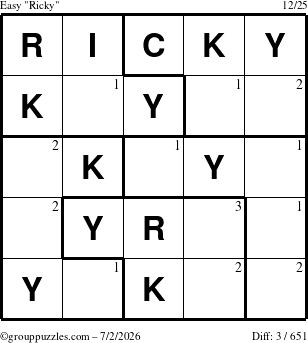 The grouppuzzles.com Easy Ricky puzzle for Thursday July 2, 2026 with the first 3 steps marked