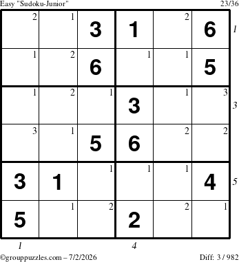 The grouppuzzles.com Easy Sudoku-Junior puzzle for Thursday July 2, 2026, suitable for printing, with all 3 steps marked