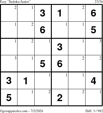 The grouppuzzles.com Easy Sudoku-Junior puzzle for Thursday July 2, 2026 with the first 3 steps marked