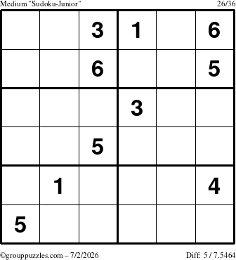 The grouppuzzles.com Medium Sudoku-Junior puzzle for Thursday July 2, 2026