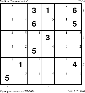 The grouppuzzles.com Medium Sudoku-Junior puzzle for Thursday July 2, 2026, suitable for printing, with all 5 steps marked