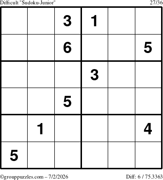 The grouppuzzles.com Difficult Sudoku-Junior puzzle for Thursday July 2, 2026