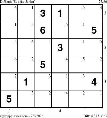 The grouppuzzles.com Difficult Sudoku-Junior puzzle for Thursday July 2, 2026 with all 6 steps marked