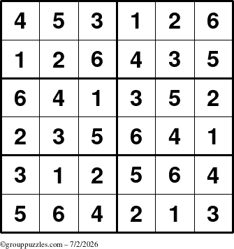 The grouppuzzles.com Answer grid for the Sudoku-Junior puzzle for Thursday July 2, 2026