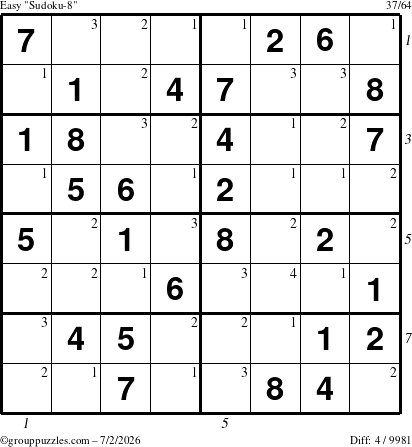 The grouppuzzles.com Easy Sudoku-8 puzzle for Thursday July 2, 2026 with all 4 steps marked