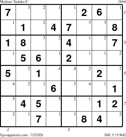 The grouppuzzles.com Medium Sudoku-8 puzzle for Thursday July 2, 2026, suitable for printing, with all 5 steps marked