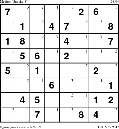 The grouppuzzles.com Medium Sudoku-8 puzzle for Thursday July 2, 2026 with the first 3 steps marked