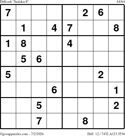 The grouppuzzles.com Difficult Sudoku-8 puzzle for Thursday July 2, 2026