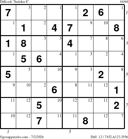The grouppuzzles.com Difficult Sudoku-8 puzzle for Thursday July 2, 2026 with all 12 steps marked