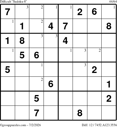 The grouppuzzles.com Difficult Sudoku-8 puzzle for Thursday July 2, 2026 with the first 3 steps marked