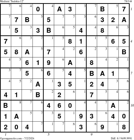 The grouppuzzles.com Medium Sudoku-12 puzzle for Thursday July 2, 2026, suitable for printing, with all 8 steps marked