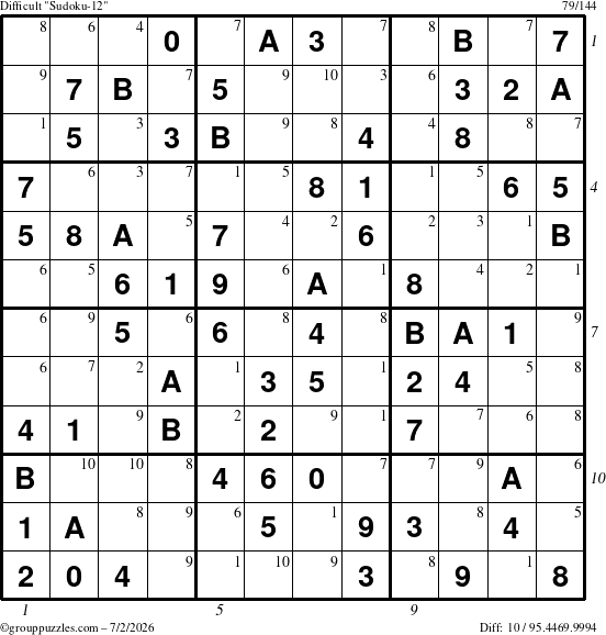 The grouppuzzles.com Difficult Sudoku-12 puzzle for Thursday July 2, 2026, suitable for printing, with all 10 steps marked