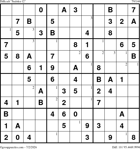 The grouppuzzles.com Difficult Sudoku-12 puzzle for Thursday July 2, 2026 with the first 3 steps marked