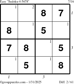 The grouppuzzles.com Easy Sudoku-4-5678 puzzle for Friday January 31, 2025 with all 2 steps marked