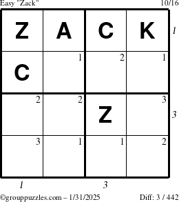 The grouppuzzles.com Easy Zack puzzle for Friday January 31, 2025 with all 3 steps marked